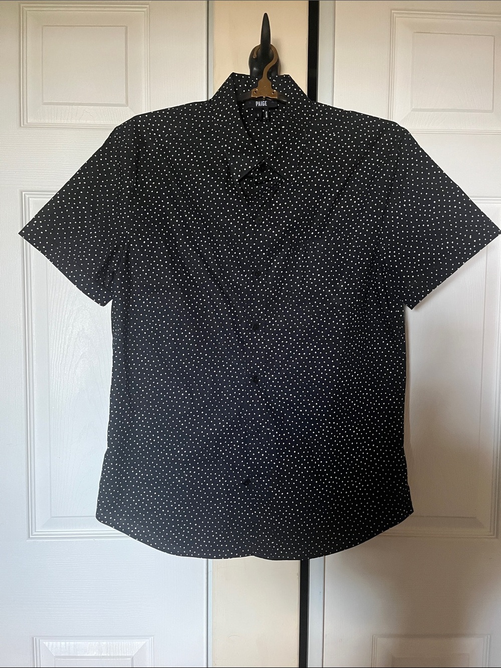 PAIGE Black Short Sleeve Button-Down with White Polka Dots